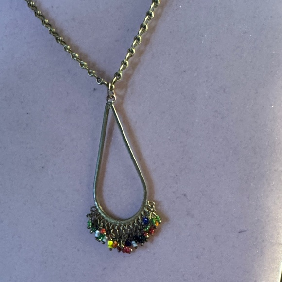 unmarked Jewelry - Gold Teardrop Necklace with Multicolor Bead Fringe 7 3/4” without 3” EXT.